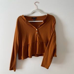 Rust Orange Ribbed Baby Doll Long Sleeve Top size Medium with buttons